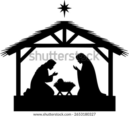 Minimalist Nativity Scene Vector – Luke 2:11 Inspired silhouette Art of Mary, Joseph, Baby Jesus and Star of Bethlehem – Simple Christmas Faith Illustration	