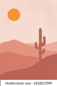 Minimalist natural abstract contemporary aesthetic background landscape mountain, cactus and sun. Mid century modern minimalist art. eps10