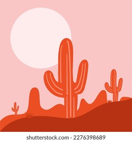 Minimalist natural abstract contemporary aesthetic background landscape mountain, cactus and sun. Minimalist art. Vector illustration