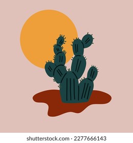 Minimalist natural abstract contemporary aesthetic background landscape cactus and sun. Minimalist art. Vector illustration