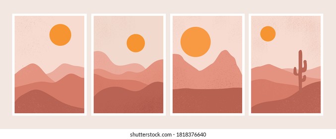 Minimalist natural abstract design set. contemporary aesthetic background landscape mountain and sun. with nice colors, Mid century modern minimalist art. wall decor ready to print.