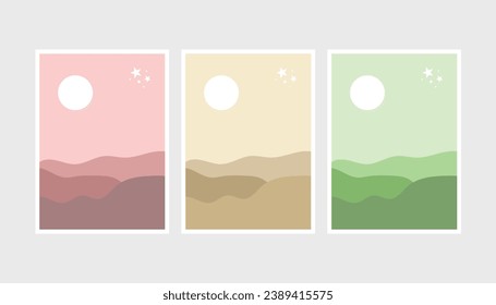 Minimalist natural abstract design set. contemporary aesthetic background landscape mountain, stars and sun with nice colors, Mid century modern minimalist art. wall decor ready to print. 