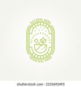 minimalist natural herb pharmacy line art badge logo template vector illustration design. simple mortar pestle leaf bowl alternative medicine emblem logo concept