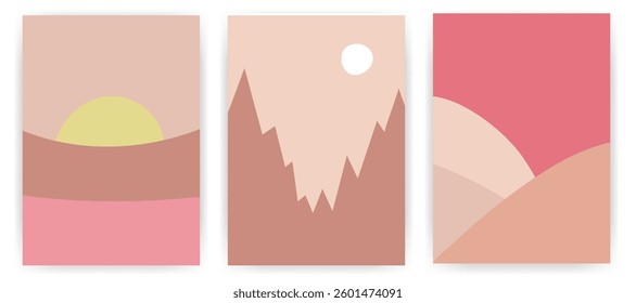 Minimalist nature design poster set. Trendy cover template with simple geometric shapes and soft color combinations. Ideal design for interior art, banner, card, social media.