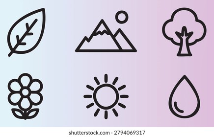 Minimalist nature and environment icons set with leaf tree flower sun mountain and waterdrop symbols