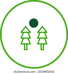Minimalist nature icon featuring trees and a sun inside a green circle frame design