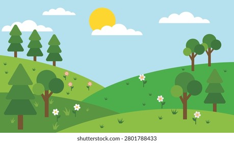 A minimalist nature landscape background in a clean flat design style, featuring rolling green hills dotted with pine trees, deciduous trees, small wildflowers, and a sunny blue sky with soft white clouds. Perfect for children's backdrops, animations, or eco-friendly banners.