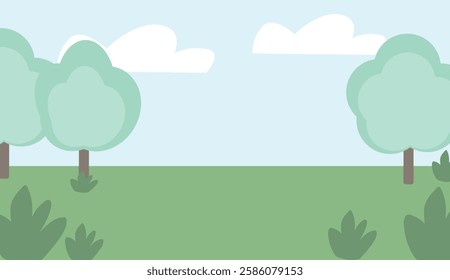 Minimalist Nature Landscape with Trees and Clouds on Green Background. Concept of Simplicity, Outdoor Scenery, Environmental Art, Eco-Friendly Design. Vector Illustration