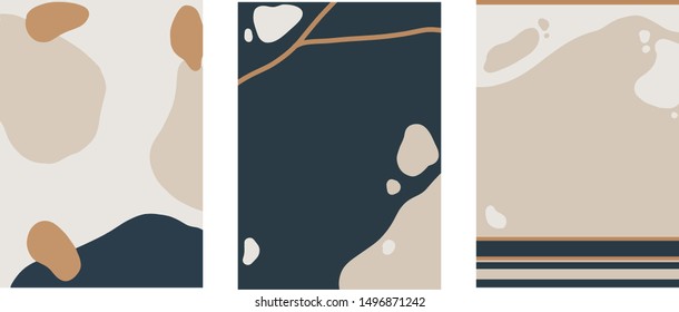 Minimalist nature layout design,
flat scenery postcard,nordic scandinavian design,poster set of 3
pebbles riverbed brown blue beige
with space for type