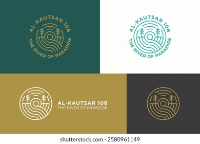 Minimalist Nature Logo Badge Abstract River, Waterfall, Sun and Trees
