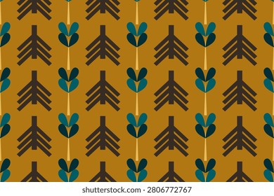 Minimalist nature seamless pattern, modern abstract tree and leaf geometric motif, design vector illustration warm mustard ochre background, the earthy palette of dark chocolate brown, soft cream, and deep teal, design for trendy autumn and winter fashion collections, organic cotton t-shirts, dresses, modern tote bags, and children's apparel patterns, retro-styled throw pillows, contemporary curtains, warm blankets, statement carpets, modern kitchen towels, and upholstered furniture fabric,  unique eco-friendly gift wrapping paper, notebook covers, greeting cards, and creative scrapbooking paper, wallpapers, backgrounds.