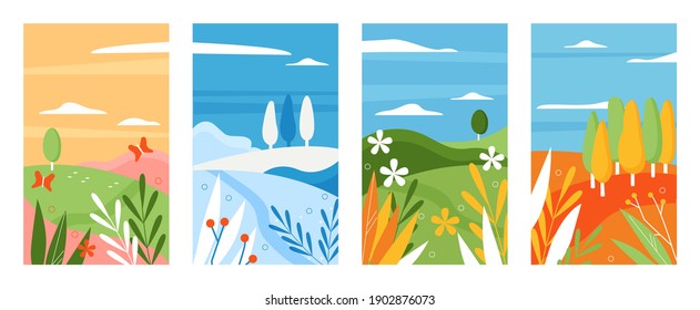 Minimalist nature season vector illustration set. Abstract natural landscape in vertical banners collection, summer winter spring autumn hills with colorful plants, flowers and leaves, sky with clouds