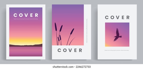 Minimalist nature theme books cover template collection. With sunset vector illustrations of lakes, mountains, and silhouettes of cattails and bird.