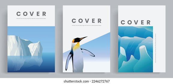 Minimalist nature theme books cover template collection. With Antarctic landscape vector illustration, glacier, penguin and iceberg.