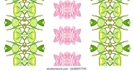 Minimalist nature-inspired pattern with fresh green foliage and soft pink floral accents on a clean white background. 