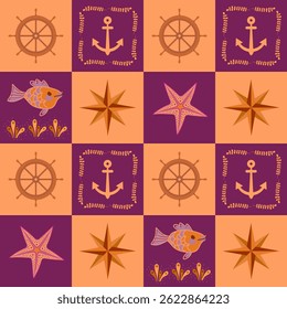 Minimalist nautical patchwork pattern in orange and purple tones. Steering wheel, compass, fish, starfish, anchor and seaweed frame. Beautiful marine print for fabric.