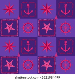 Minimalist nautical patchwork pattern in red and blue tones. Steering wheel, compass, starfish, anchor and seaweed frame. Beautiful marine print for fabric.
