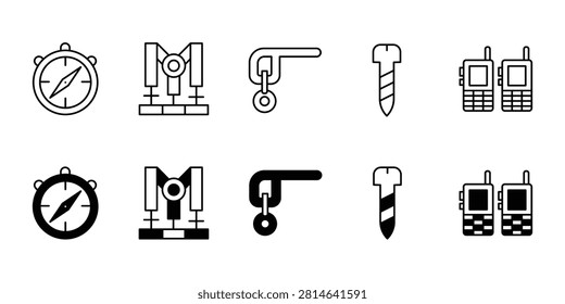 Minimalist navigation and climbing hardware icon set featuring compass, pulley, hook, piton, and walkie-talkie. Perfect for mountaineering, rescue, and outdoor adventure applications.