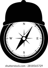 Minimalist navigation compass silhouette with explorer pith helmet, symbolizing travel and adventure.