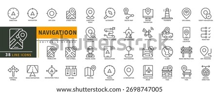 Minimalist Navigation line icons set with editable stroke, featuring Direction, gps, street maps, search location, autonomy, route map. satelite, road map, glob, orientation. thin linear illustration.