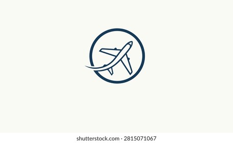 Minimalist navy blue airplane logo design flying upwards inside a circular frame, isolated on a clean off-white background.