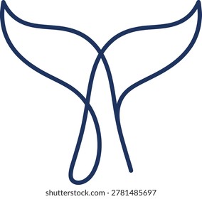 A minimalist navy blue whale tail created with simple, curved lines on a white background, featuring two tail fins and a slender base.