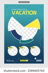 Minimalist navy gradient vacation background with abstract waves and modern geometric shapes ideal for flyers and posters