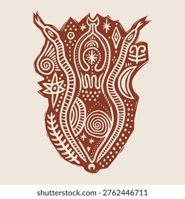 Minimalist Neolithic Mother Goddess, vector clip-art boho sacred feminine abstract figures in linocut engraving style, nature grounding illustration