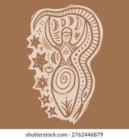 Minimalist Neolithic Mother Goddess, vector clip-art boho sacred feminine abstract figures in linocut engraving style, nature grounding illustration
