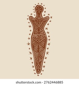 Minimalist Neolithic Mother Goddess, vector clip-art boho sacred feminine abstract figures in linocut engraving style, nature grounding illustration