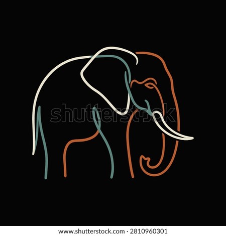 A minimalist neon style line drawing of an elephant featuring glowing white green and orange outlines