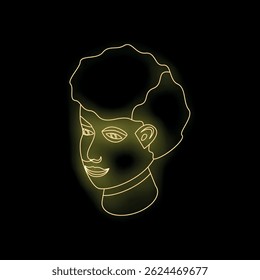 Minimalist neon yellow outline of a smiling young man on a black background, creating a modern and stylish portrait