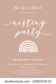 Minimalist Nesting Party invitation with soft rainbow symbolizing warmth, harmony and new beginnings. Vector illustration pastel colors