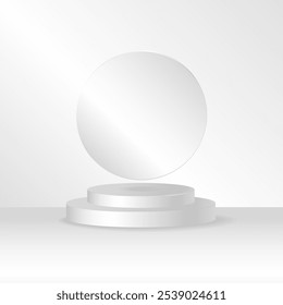 Escena 3D neutral minimalista podio circular y placa redonda color gris blanco básico ideal para exhibición de productos, maquetas, exhibición, presentación de productos, publicidad cosmética. Ilustración vectorial
