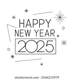 Minimalist New Year 2025 Typography Graphic with Elegant Lines, Clean and Modern Happy New Year 2025 Text with Starry Accents