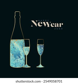 Minimalist New Year party flyer card invitation temlate with champagne bottle and glasses on a dark blue background and blue content