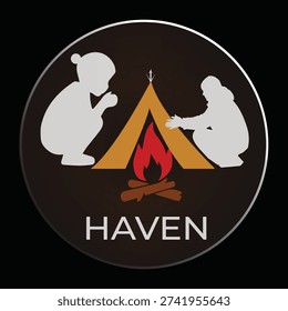 Minimalist Night Camping Icon with Fire, Shelter, and Human Silhouettes in a Circle