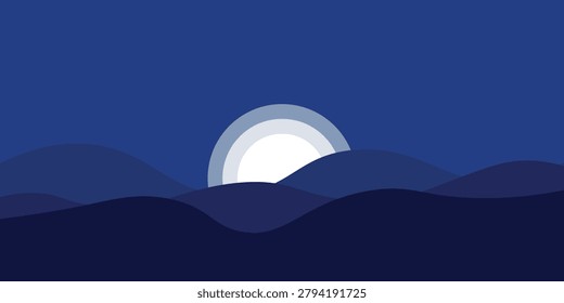 Minimalist Night Landscape with Full Moon Rising Over Blue Hills Background