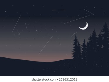 Minimalist night landscape illustration with pine trees, crescent moon and shooting stars