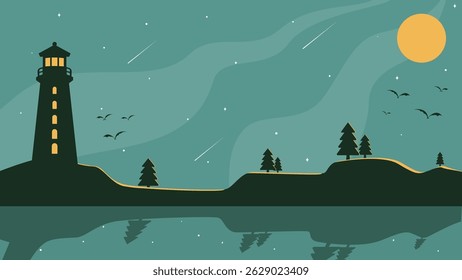 Minimalist Night Landscape with Lighthouse Silhouette and Shooting Stars