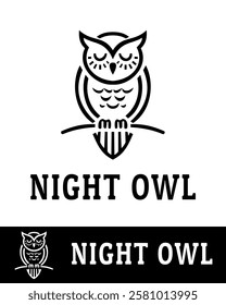 Minimalist night owl logo design featuring a sleek owl illustration with closed eyes in black and white