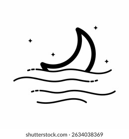 Minimalist Night Scene with Moon and Ocean Waves Vector Illustration