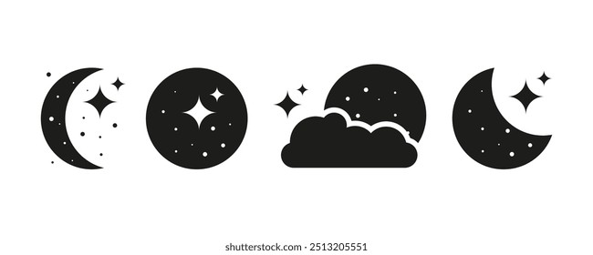 Minimalist night sky icons featuring crescent moons, stars, and clouds. Monochrome color scheme, illustrating night themes, bedtime stories, or celestial-related content