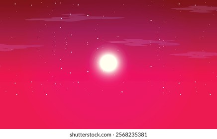 Minimalist Night Sky Scene with Full Moon Gradient Pink and Red Twilight Background with Stars and Clouds