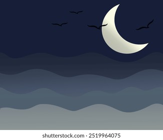 Ilustração minimalista da onda do mar do céu noturno com lua crescente e pássaros para impressões de arte temáticas da natureza