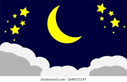 Ilustração minimalista do vetor do céu noturno apresentando uma lua crescente, estrelas e nuvens em uma serena paleta azul, amarela e branca. Perfeito para planos de fundo da Web, aplicativos infantis ou designs de impressão.