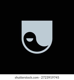 Diseño minimalista del logotipo de la marca del escudo de la letra U del fantasma de Ninja con fondo negro. 