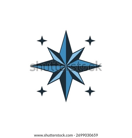 Minimalist North Star Vector Icon with Five-Pointed Design and Surrounding Small Stars for Navigation, Holiday, and Celestial Graphics