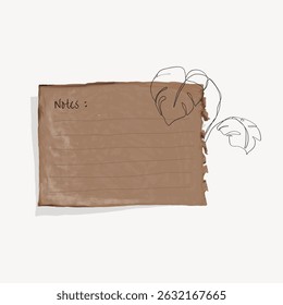 Minimalist note card with brown paper and line art leaves. Features a simple, artistic design. Ideal for notes, sketches, or minimalist decor. Hand drawn illustration vector.