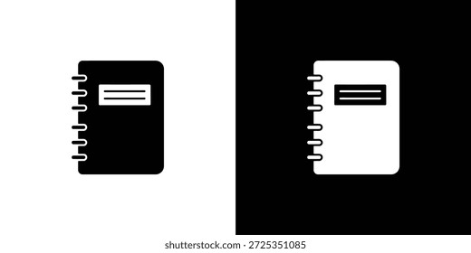 Icono minimalista del cuaderno con una cubierta oscura, encuadernación en espiral lateral y una etiqueta central, colocada sobre un fondo transparente limpio.